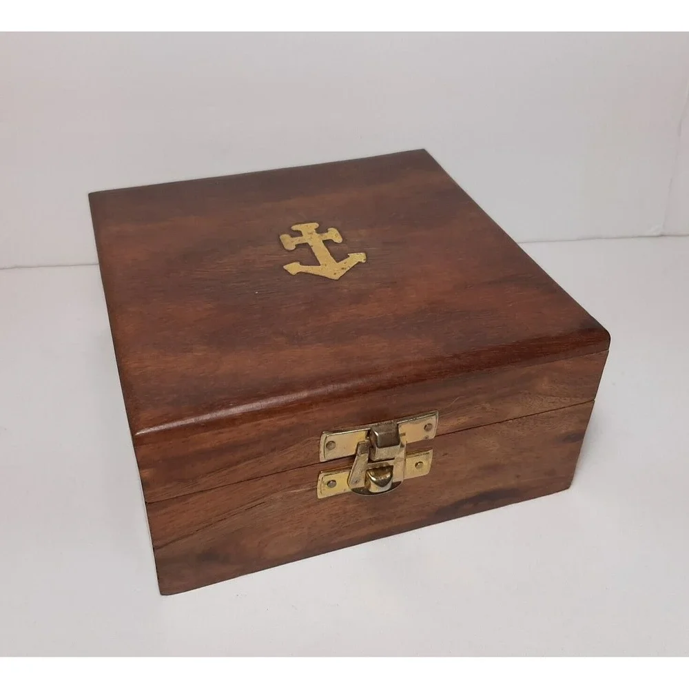 Nautical Wood Hinged Inlaid Brass Anchor Trinket Box Ocean Beach 4.75 x 4.75